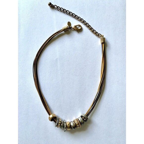 Chicos Inspiring Charms Rhinestone Gold Silver Tone Discs Necklace Chunky Corded - Picture 3 of 6